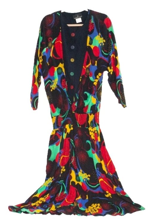 Carole Little Dresses & Skirts - Vgt Carole Little 80s Smoked Drop Waist Maxi Dress Retro Bold Prints Colorful 10
